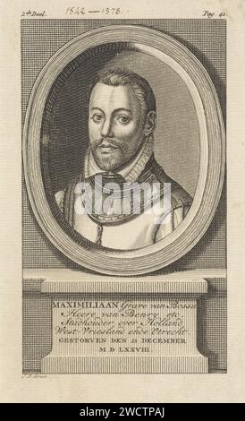 Ritratto di Massimiliano de Hennin, conte di Boussu, Jan Punt, stampa del 1749 Ritratto di Massimiliano de Hennin, conte di Boussu. Il nome, la funzione e la data di morte in olandese sono sulla stalla di Pieth. Incisione/incisione della carta nei Paesi Bassi del Nord Foto Stock