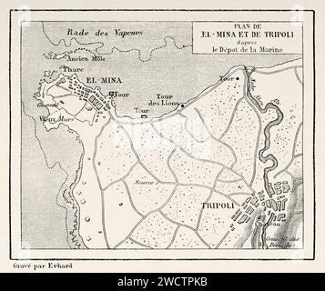 Vecchia mappa di El Mina, città costiera indipendente di Tripoli. Occupa la posizione dell'antica città fenicia di Tripoli. Libano. Viaggio in Siria 1875-1878 di Charles Louis Lortet (1836 - 1909) incisione del vecchio XIX secolo da le Tour du Monde 1880 Foto Stock