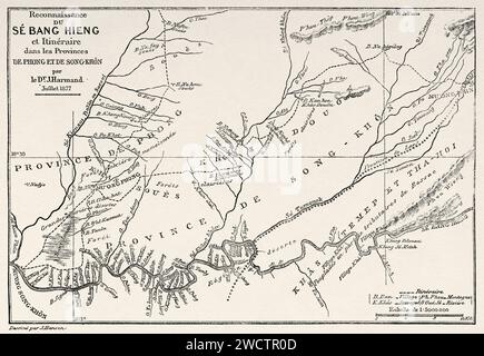 Vecchia mappa. Ricognizione del fiume XE Bang Hieng e rotta nelle province di Phong Hong-Vientiane e Ban Song Khon, Laos. Sud-est asiatico. Laos e le popolazioni selvatiche dell'Indocina 1877 del Dottor Jules Harmand (1845 - 1921) incisione del vecchio XIX secolo da le Tour du Monde 1880 Foto Stock