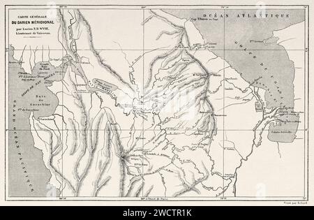 Mappa della provincia meridionale di Darien. Repubblica di Panama. America centrale. Esplorazioni nell'istmo di Panama e Darien 1876-1878 di Armand Reclus (1843 - 1927) incisione dell'antico XIX secolo da le Tour du Monde 1880 Foto Stock