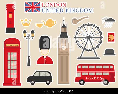 Set di adesivi vettoriali piatti con simboli culturali del Regno Unito. Cabina telefonica rossa, guardiano reale, teiera, Big Ben, autobus a due piani e London ta Illustrazione Vettoriale