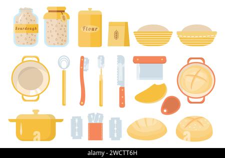 Set di icone per la cottura in casa del pane a pasta madre. Coltura iniziale di pasta madre in barattolo mason. Panno di mussola. Raschietto per impasti. Frusta danese. Cestello per prove. Banco kn Illustrazione Vettoriale