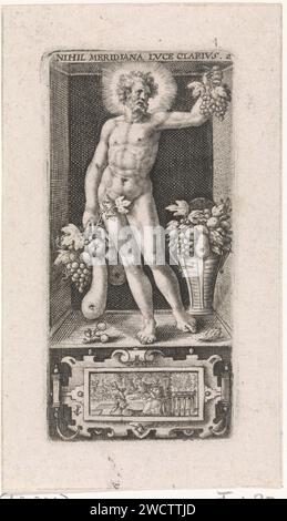 Pomeriggio, Crispijn van de Passe (i), stampa 1574 - 1637 nicchia con la personificazione maschile del pomeriggio. Ha un mucchio di uva in mano. Nel cartiglio sotto la nicchia una coppia a un tavolo, l'uomo alza il bicchiere. Sconosciuta incisione su carta personificazione del pomeriggio, "Meridies". Pasto (famiglia) - CC - fuori porta Foto Stock