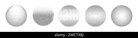 Cerchi con rumore di gradiente in grani. Mezzitoni motivo rotondo di elementi punteggiati con gradazione da scuro a chiaro. Illustrazione vettoriale isolata su sfondo bianco. Illustrazione Vettoriale