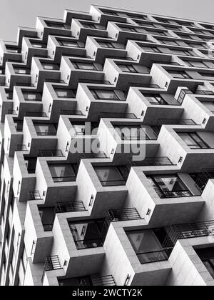 Motivi geometrici dei balconi degli appartamenti in bianco e nero. Architettura urbana astratta. Foto Stock