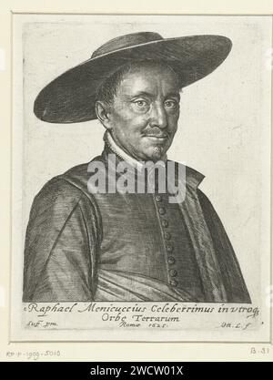 Portret Van Raffaelo Menicucci, Ottavio Mario Leoni, 1625 stampa Ritratto di Raffaello Menicucci, il jolly alla corte di Papa Urbanus VIII, con un grande cappello rotondo. Buffone di carta di Roma (in generale) (tedesco: "Schalksnarr") Foto Stock