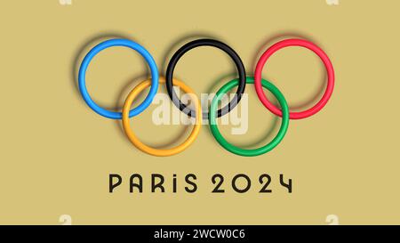 Anelli olimpici 3d Parigi 2024, Francia isolata su sfondo beige. Logo ufficiale dei Giochi Olimpici. Illustrazione vettoriale Illustrazione Vettoriale