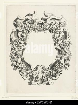 Cartiglio con ornamento a lobi con due putti e quattro angeli, Michiel Mosijn, dopo Gerbrand van den Eeckhout, stampa 1640 - 1655 decorata con una ghirlanda di fiori e frutta. Una maschera in alto e in basso. Incisione/incisione su carta Amsterdam Foto Stock