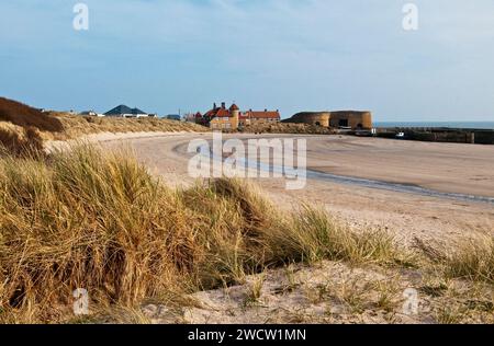 Beadnell Harbour e Beach Northumberland Coast a marzo, mostrando i forni, le case e le mura del porto in una giornata di sole Foto Stock