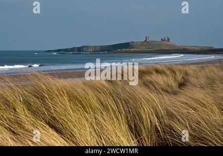 Embleton Bay e il castello di Dunstanburgh sulla costa del Northumberland in Inghilterra in un soleggiato giorno di marzo Foto Stock