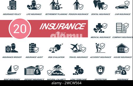 Icone assicurazione impostate. Icone creative: Polizza assicurativa, assicurazione sulla vita, pianificazione pensionistica, assicurazione pensionistica, assicurazione dentale, assicurazione auto e. Illustrazione Vettoriale