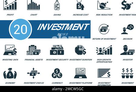 Set di icone di investimento. Icone creative: Profitto, grafico, risparmio, aumento dei costi, riduzione dei rischi, rischio di investimento, ritorno degli investimenti e altro ancora Illustrazione Vettoriale