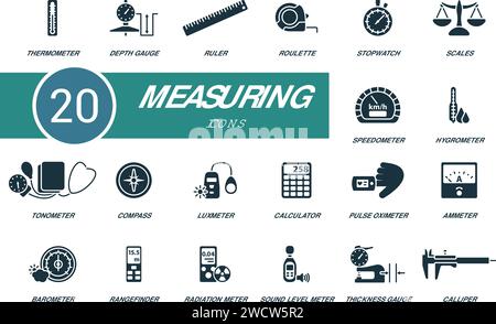 Set di icone di misurazione. Icone creative: Termometro, misuratore di profondità, righello, roulette, cronometro, bilance, tachimetro, igrometro e altro ancora Illustrazione Vettoriale