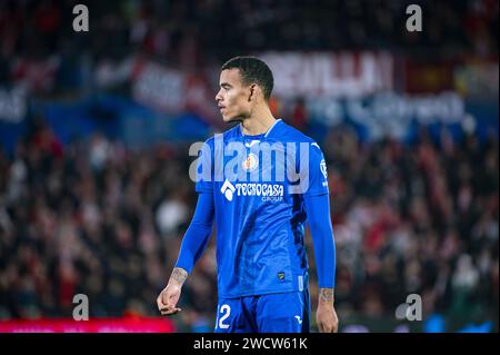 Getafe, Spagna. 16 gennaio 2024. Mason Greenwood di Getafe durante la partita di calcio valida per il round di 16 del torneo Copa del Rey tra Getafe e Siviglia giocato all'Estadio Coliseum di Getafe, in Spagna. Credito: Agenzia fotografica indipendente/Alamy Live News Foto Stock