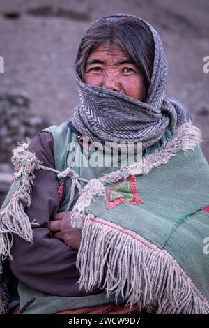 Ritratto di una donna nomade Changpa, Ladakh, India Foto Stock