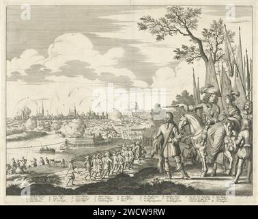 Assedio e conquista di Wismar da parte dell'esercito danese, 1675, Jan Luyken, 1680 stampa Dettagli nella performance numerati e letterati e dichiarati a margine. Carta di Amsterdam che incide la cattura della città (dopo l'assedio). Assedio, posizione guerra Wismar Foto Stock