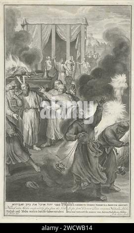 Nadab e Abihu uccisi dalle fiamme, Jacob de Later, dopo Gerard Hoet (i), 1728 stampano i figli di Aronne, Nadab e Abihu, commessi agli occhi di Dio facendo un fuoco sbagliato nelle loro ciotole. Per punizione, Dio lascia bruciare i fratelli. Spettacolo biblico da LEV. 10: 1-3 con il titolo della mostra in sei lingue a margine. Incidere / incidere su carta di Amsterdam due figli di Aaron, Nadab e Abihu, offrono incenso nei loro censimenti a Dio, che li punisce per questo inviando un fuoco che li uccide Foto Stock