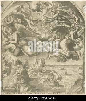 Rompendo il settimo sigillo, Gerard van Groeningen, 1563 - 1574 stampa dopo aver rotto il settimo sigillo, sette angeli vengono al trono di Dio. Tutti ricevono una tromba da Dio. Un altro angelo sacrifica l'incenso per l'altare di Dio. Due degli angeli soffiano sulla tromba. Di conseguenza, la stella Alsem cade dal cielo sulla terra e avvelena tutte le fontane e le fonti. C'è anche una montagna nel mare, che provoca tempeste (on. 8: 1-12). Carta di Anversa incisione / incisione dei sette angeli con trombe  Apocalisse di Giovanni. il primo dei sette angeli suona la tromba: grandine, fuoco e sangue viene gettato upo Foto Stock