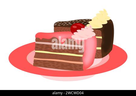 Due pezzi di torta su un piatto rosa: Uno con glassa rosa, panna montata e ciliegia e l'altro con glassa di cioccolato e panna montata Illustrazione Vettoriale