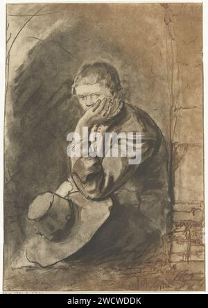 Uomo seduto, Jurriaan Cootwijck, dopo Rembrandt van Rijn, 1724 - 1798 stampa Un uomo è in una nicchia. Sostiene la testa con una mano. Tiene il cappello nell'altra mano. Figura seduta di carta di Amsterdam (+ maschio adulto (essere umano)) Foto Stock