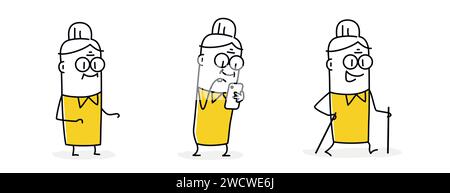 Set di figure a avambraccio. Nonna che usa il telefono cellulare, pensionato nordic Walking con bastoni. Stile cartoni animati. Illustrazione vettoriale. Illustrazione Vettoriale