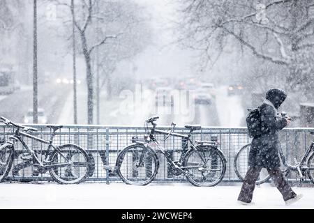 Colonia, Germania. 17 gennaio 2024. Le biciclette innevate si trovano sul ponte di Universitätsstraße in una fitta tempesta di neve. Neve e ghiaccio hanno trasformato strade e marciapiedi in molte parti della Germania in pericolose piste scivolose. Crediti: Rolf Vennenbernd/dpa/Alamy Live News Foto Stock