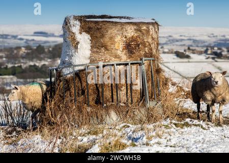 West Yorkshire, Regno Unito. 17 gennaio 2024. Meteo Regno Unito. Cieli azzurri e temperature gelide hanno portato nevicate a Queensbury, West Yorkshire, in quanto un freddo periodo invernale attraversa il paese mentre le temperature scendono sotto il gelo nelle colline Pennine. Crediti: Windmill Images/Alamy Live News Foto Stock