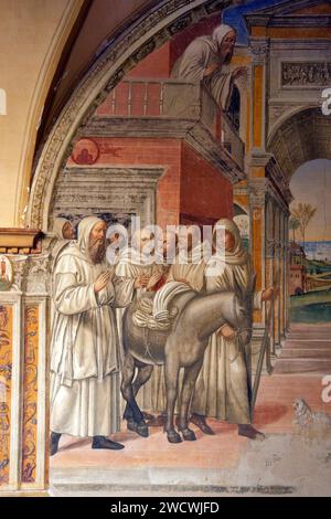 Italia, Toscana, campagna senese, Crete Senesi, comune di Asciano, Chiusure, Monte Oliveto maggiore Abbazia Benedettina (Abbazia di Monte Oliveto maggiore), chiostro, San Benedetto affresco Life di Signorelli e Sodoma Foto Stock