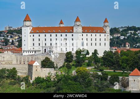 Slovacchia, Bratislava, la pista ciclabile Eurovelo 6 dalla cima della torre Vyhliadkova veza UFO, vista della città vecchia e del castello Foto Stock