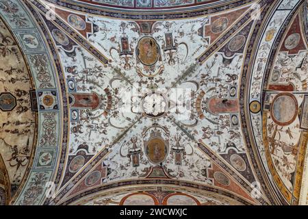 Italia, Toscane, Firenze, cortile d'ingresso di Palazzo Vecchio decorato in un esuberante stile manierista, da Giorgio Vasari Foto Stock