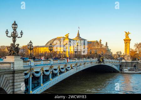 Francia, Parigi, rive della Senna, patrimonio dell'umanità dell'UNESCO, ponte Alexandre III e Grand Palais Foto Stock