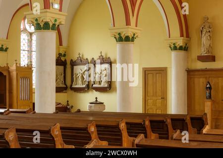 Francia, Meurthe et Moselle, Tantonville, chiesa di St Remy ricostruita nel 1760 con alcune parti del XIV e XV secolo, la navata, la statua di San Pietro e la via Crucis Foto Stock