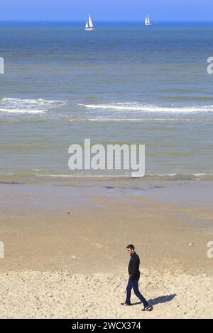 Francia, Nord, dintorni di Dunkerque, Bray-Dunes, spiaggia, barche a vela in lontananza Foto Stock