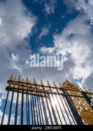 Vista da una recinzione metallica con punte dorate nel cielo di Parigi. Foto Stock