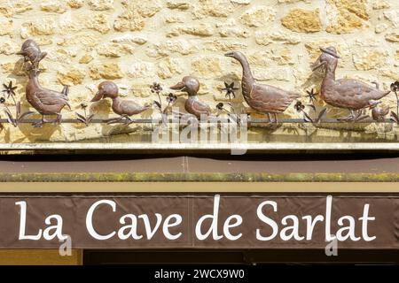 Francia, Dordogne, Perigord Noir, Valle della Dordogna, Sarlat la Caneda, insegna del rivenditore di vini la Cave de Sarlat, che rappresenta le oche, situata in Rue du Siege, nel centro storico dichiarato patrimonio dell'umanità dall'UNESCO Foto Stock