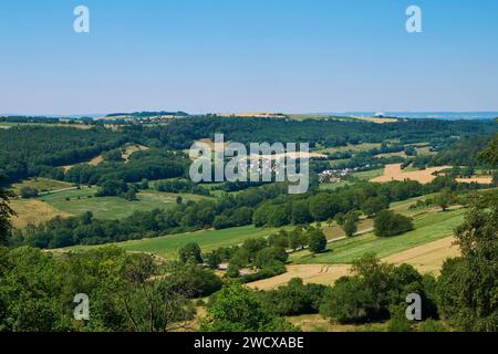 Francia, Mosella (57), Three Borders Country, Manderen, vista dal castello di Malbrouck con la centrale nucleare di Cattenom sullo sfondo Foto Stock