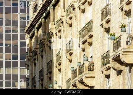 Francia, Meurthe et Moselle, Nancy, dettaglio della facciata dell'ex edificio annesso dell'Excelsior Hotel dell'ex Hotel d'Angleterre (England Hotel) in stile Art Nouveau costruito dagli architetti Lucien Weissenburger e Alexandre Mienville tra il 1910 e il 1911, nella facciata di fondo della torre Thiers, situata in Rue Henri Poincare Foto Stock