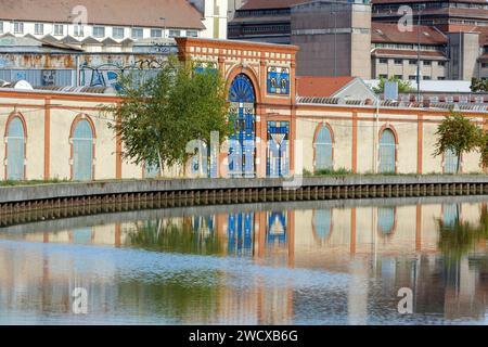 Francia, Meurthe et Moselle, Nancy, lungofiume del canale di Nancy tra la Marna e il Reno, facciata dell'ex stabilimento industriale di Alsthom, street art sulla facciata dell'artista di strada Koralie realizzata nel corso del suo progetto chiamato Nomade, che rappresenta vetrate colorate in stile Art Deco realizzate in tessuto Foto Stock