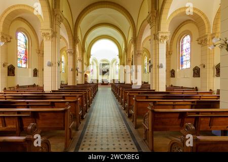 Francia, Meurthe et Moselle, Bouxieres aux Chenes, chiesa di Santa Madeleine ricostruita tra il 1923 e il 1924 dall'architetto Alfred Thomas dopo la sua completa distruzione durante la battaglia della Grand Couronne nel settembre 1914, la navata e il coro, le vetrate sono state realizzate dal maestro vetraio di Nancy Jacques Gruber Foto Stock