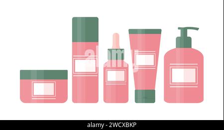 Set di prodotti cosmetici come gel detergente, toner, siero per il viso, crema e lozione per il corpo. Biberon e tubi per la cura della pelle e della bellezza. Illustrazione vettoriale Illustrazione Vettoriale