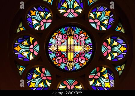 Francia, Meurthe et Moselle, Nancy, 1935 tettoia ornamentale, vetrata in stile Art Deco dal maestro vetraio Georges Janin nella cappella dell'Hopital Central de Nancy costruita dall'architetto Prosper Morey tra il 1879 e il 1883, situata in Avenue De Lattre de Tassigny Foto Stock