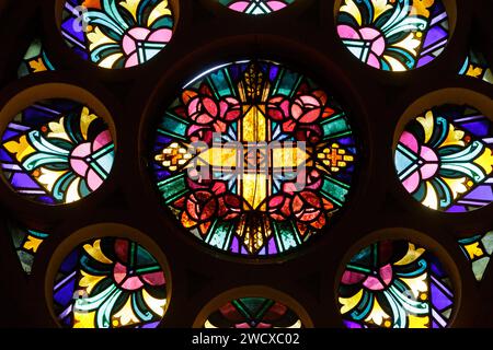 Francia, Meurthe et Moselle, Nancy, 1935 tettoia ornamentale, vetrata in stile Art Deco dal maestro vetraio Georges Janin nella cappella dell'Hopital Central de Nancy costruita dall'architetto Prosper Morey tra il 1879 e il 1883, situata in Avenue De Lattre de Tassigny Foto Stock