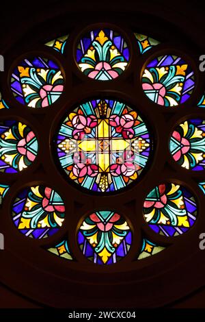 Francia, Meurthe et Moselle, Nancy, 1935 tettoia ornamentale, vetrata in stile Art Deco dal maestro vetraio Georges Janin nella cappella dell'Hopital Central de Nancy costruita dall'architetto Prosper Morey tra il 1879 e il 1883, situata in Avenue De Lattre de Tassigny Foto Stock