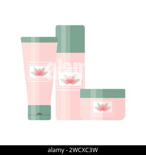 Set di prodotti cosmetici come gel detergente, toner e crema viso. Bottiglie e tubi per la bellezza e la cura della pelle decorati con il logo del fiore di loto. Vettore Illustrazione Vettoriale