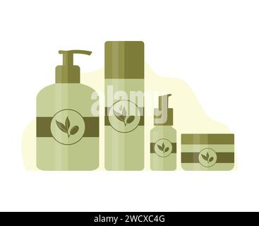 Set di prodotti cosmetici come gel detergente, toner, siero viso e crema. Bottiglie e tubi per la cura della pelle e della bellezza decorati con il logo del ramo di oliva. Illustrazione Vettoriale