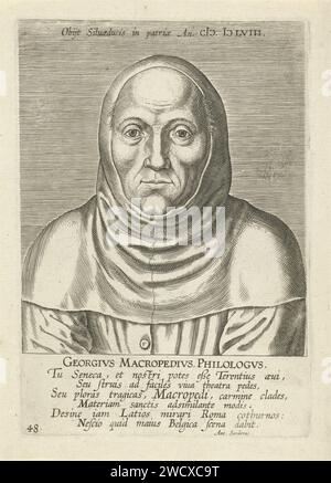 Portret Van George Macropedius, Philips Galle, 1604 stampa Ritratto di Georgius Macropedius, studioso olandese e umanista. Busto davanti. La stampa ha una parte superiore e una didascalia in latino e fa parte di una serie di famosi studiosi olandesi e fiamminghi. Incisione in carta Anversa Foto Stock