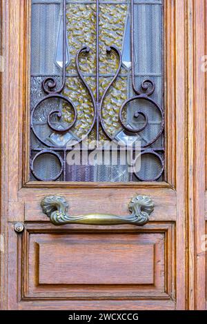 Francia, Meurthe et Moselle, Nancy, porta con vetrate colorate e maniglia in stile Art Nouveau di un condominio situato in Rue Emile Galle Foto Stock