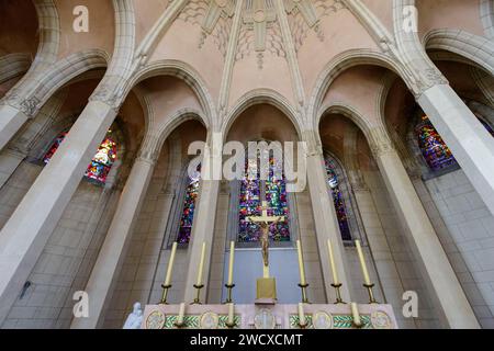 Francia, Meurthe et Moselle, Villers les Nancy, Sainte Therese de l'Enfant Jesus Church in stile eclettico che mescola l'Art Deco, il Boulevard Beaudricourt in stile romano e gotico. La costruzione è iniziata nel 1930 dall'architetto Jules Criqui ed è stata terminata dall'architetto Maurice Baier nel 1970 situato Boulevard Beaudricourt nel Parc du Placieux, il coro e le vetrate colorate Foto Stock