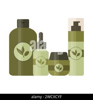 Set di prodotti cosmetici come schiuma detergente, toner, siero viso e crema. Bottiglie e tubi per la cura della pelle e della bellezza decorati con il logo del ramo di oliva Illustrazione Vettoriale