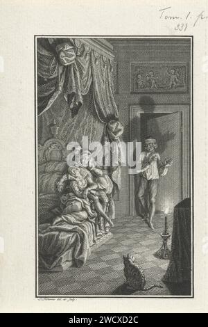 Un uomo catturò sua moglie con l'amante, Jacob Folkema, 1702 - 1767 stampa Un uomo in abiti da letto entra in una camera da letto scarsamente illuminata. Scioccato, guarda un uomo e una donna che si sono appoggiati insieme a letto addormentati. camera da letto con incisione di carta. riunione degli amanti Foto Stock
